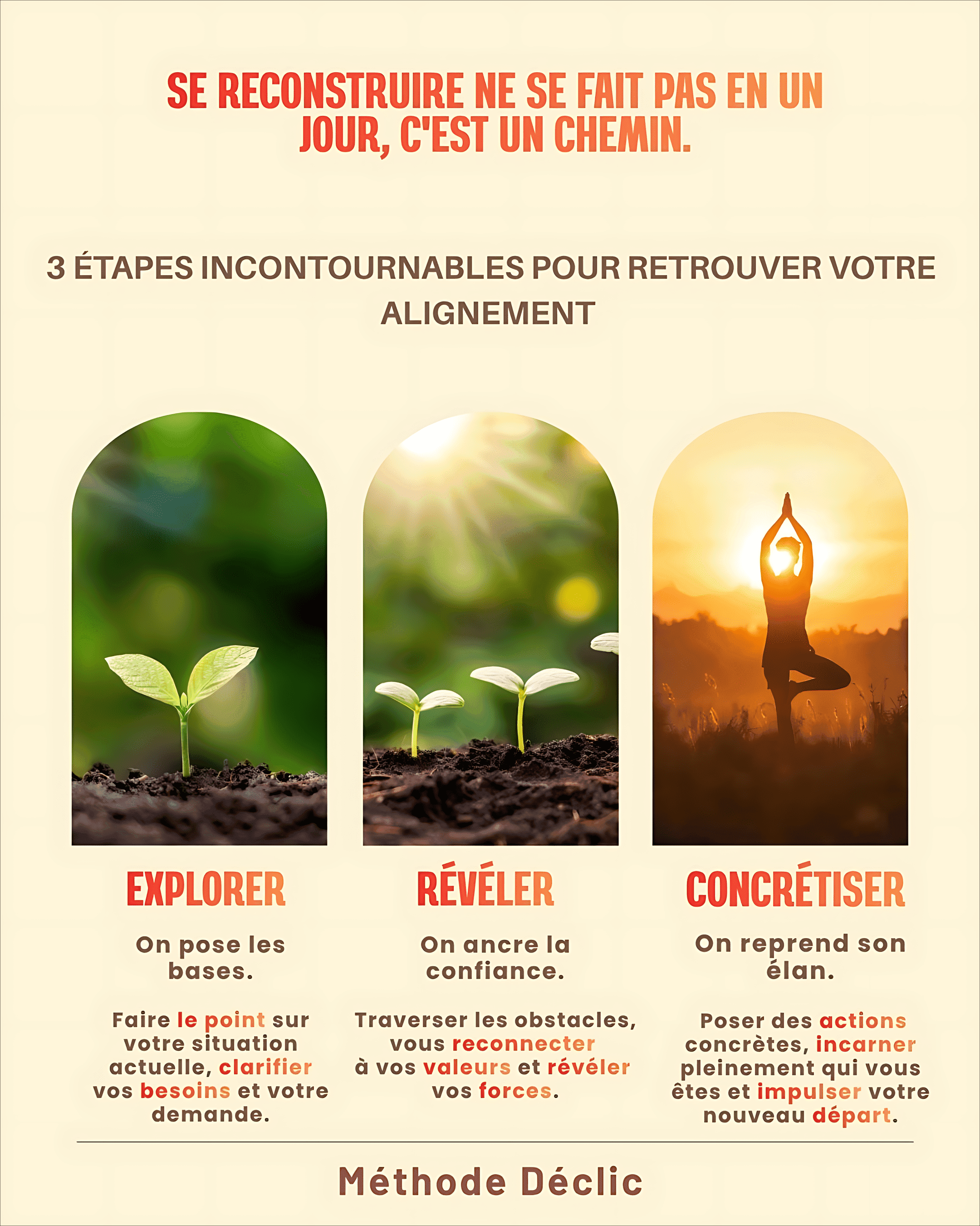Les trois étapes de la Méthode Déclic : Explorer, Révéler, Concrétiser